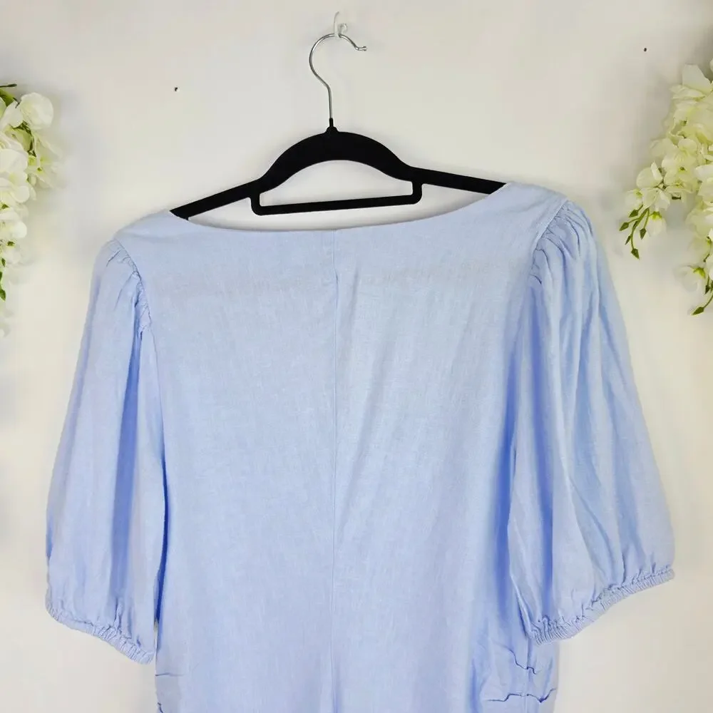 A New Day Mini Linen Dress Size 16 Light Blue Puff Sleeve Cottage Coastal Beach